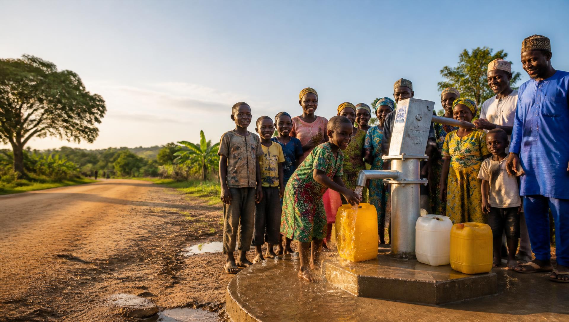 Community members collecting clean water from a new borehole