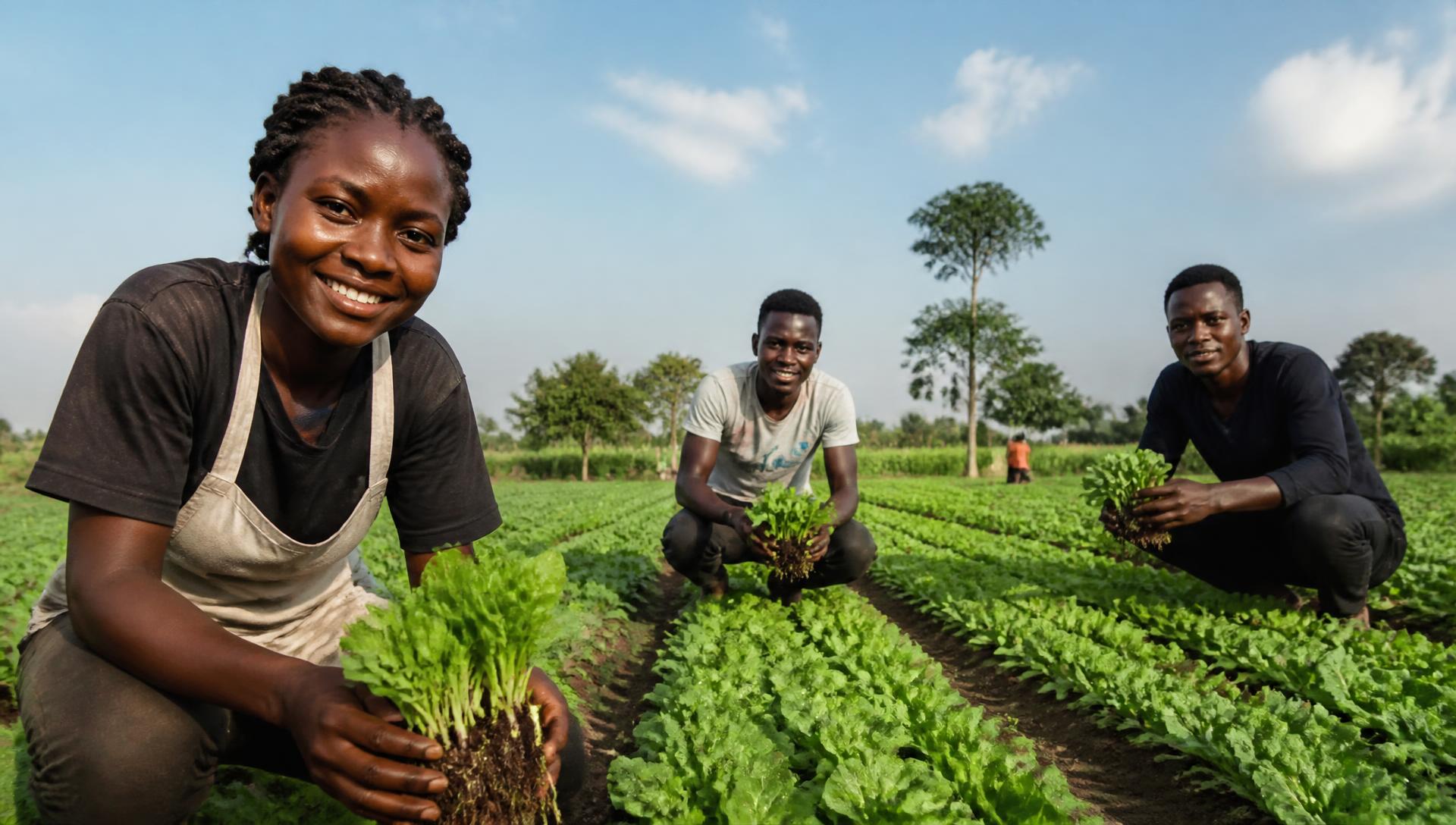 Young farmers tending a green vegetable farm